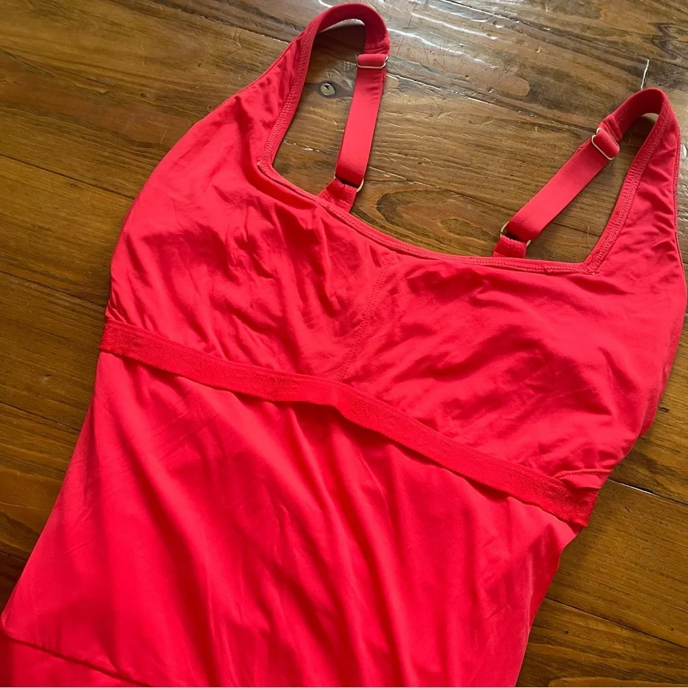 Anne Cole Ruched One-Piece‎ Swimsuit in Red Square Neckline Adjustable Small